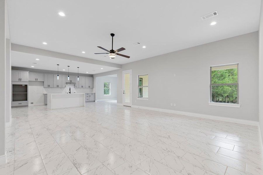 Open floor plan showing living room and kitchen