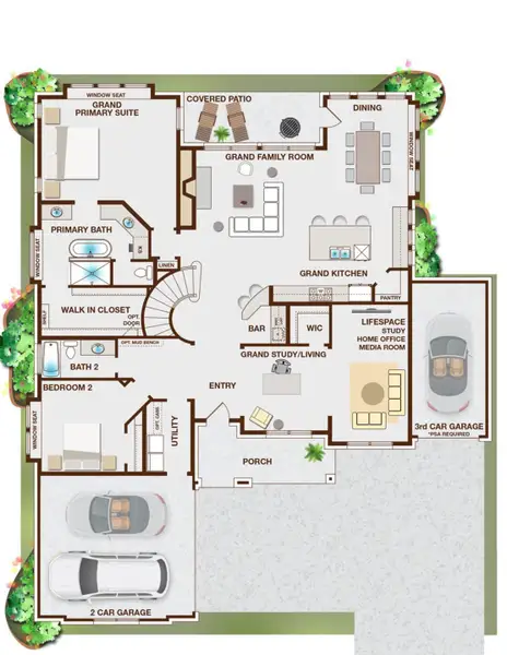 2D floor plan layout for the Grand South Pointe 3 Car Garage by Grand Homes in Heath Golf & Yacht Club, Heath, TX (Image 3).