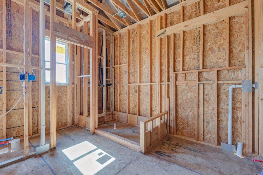 Framed bathroom area under construction, showing plumbing rough-ins, shower or tub placement, and defined wall locations. The visible framing and utility work provide a clear look at the future bath layout while demonstrating the detailed progress being made before drywall, tile, cabinetry, and fixtures are installed. Framed bathroom area under construction, showing plumbing rough-ins, shower or tub placement, and defined wall locations. The visible framing and utility work provide a clear look at the future bath layout while demonstrating the detailed progress being made before drywall, tile, cabinetry, and fixtures are installed.