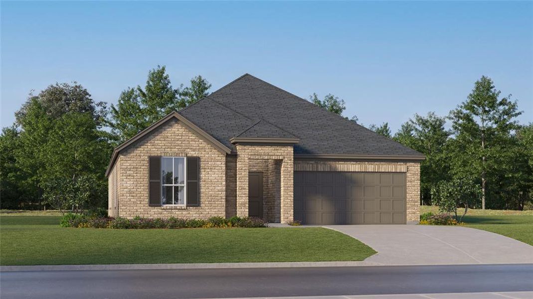 View of front of home with a front yard and a garage