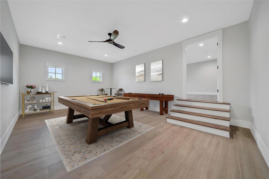 Gameroom/Media Room/2nd Family Gathering Upstairs is a multi-intentional space. Have a place for a second seating area and entertainment.  A dance floor, pool table, gaming stations or more.