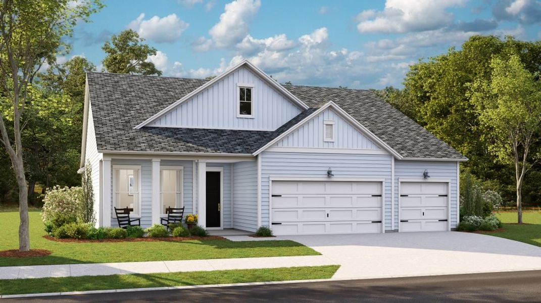 Front exterior of a new home in Horizons at Summers Corner | 55+, Summerville, SC, highlighting curb appeal (Image 1). Front exterior of a new home in Horizons at Summers Corner | 55+, Summerville, SC, highlighting curb appeal (Image 1).