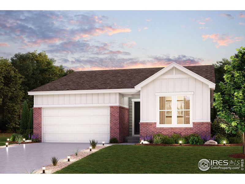 Front exterior of a new home in The Overlook at Johnstown Farms, Johnstown, CO, highlighting curb appeal (Image 1).