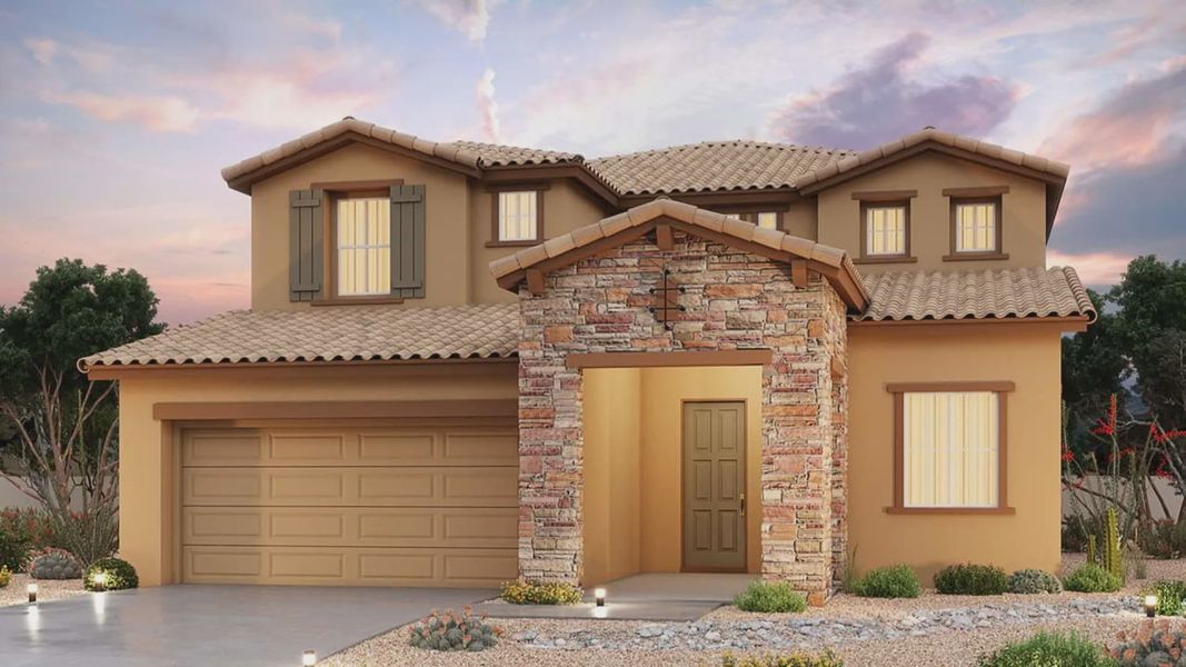 Representative exterior photo of a completed home built from the San Marino by Brightland Homes in The Lakes at Rancho El Dorado, Maricopa, AZ (Image 2). Representative exterior photo of a completed home built from the San Marino by Brightland Homes in The Lakes at Rancho El Dorado, Maricopa, AZ (Image 2).