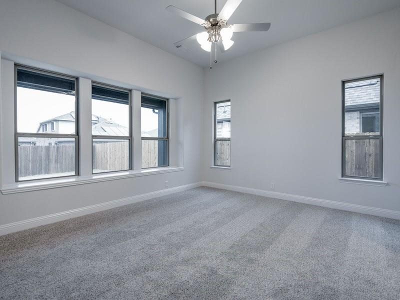 Empty room with ceiling fan, carpet floors, and a wealth of natural light