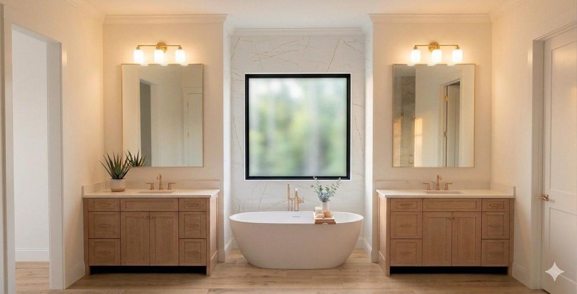 Spa-inspired primary bath featuring dual vanities, designer finishes, a freestanding soaking tub, and an oversized picture window with serene views. Virtually Staged. Spa-inspired primary bath featuring dual vanities, designer finishes, a freestanding soaking tub, and an oversized picture window with serene views. Virtually Staged.