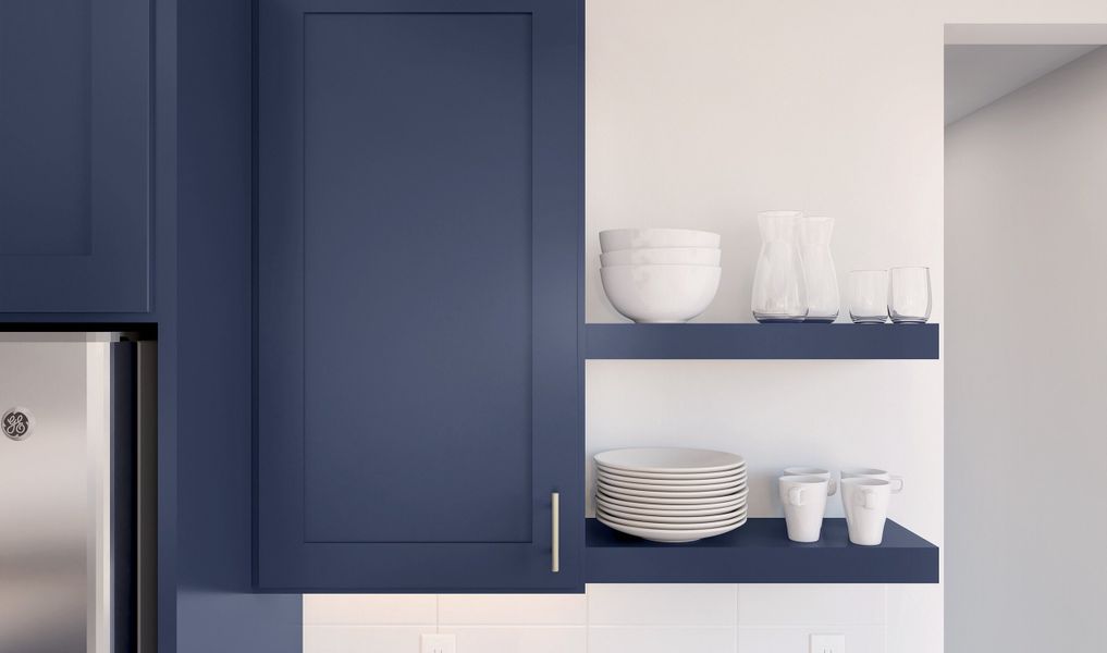 Floating shelves with white subway tile backsplash