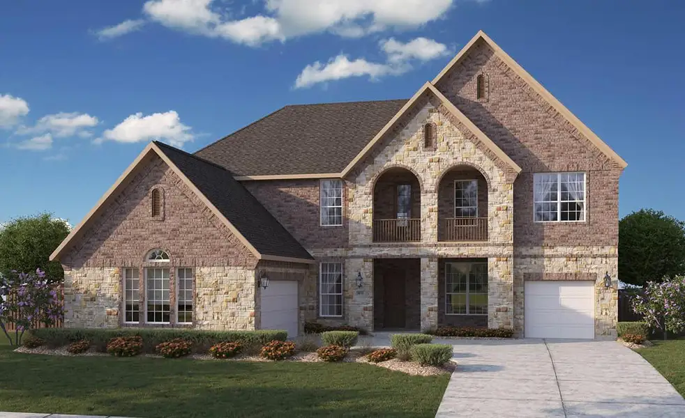 French country style house with stone siding, a balcony, brick siding, and a front lawn French country style house with stone siding, a balcony, brick siding, and a front lawn