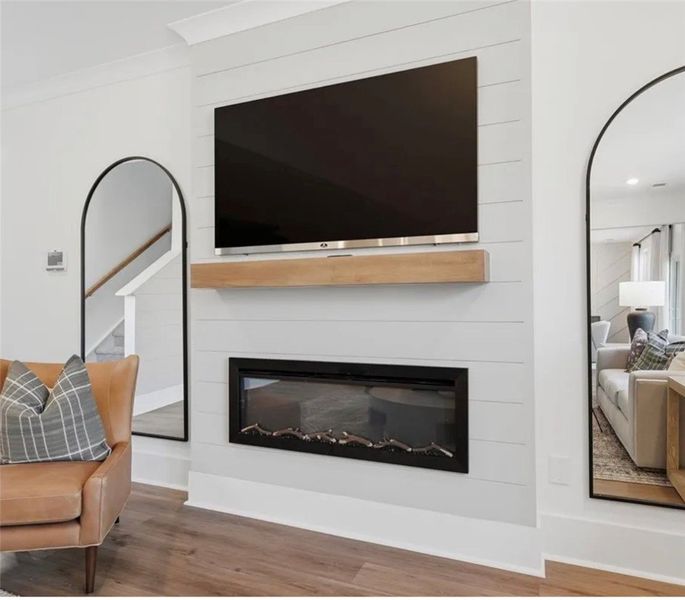 A striking living space featuring a modern linear A striking living space featuring a modern linear
