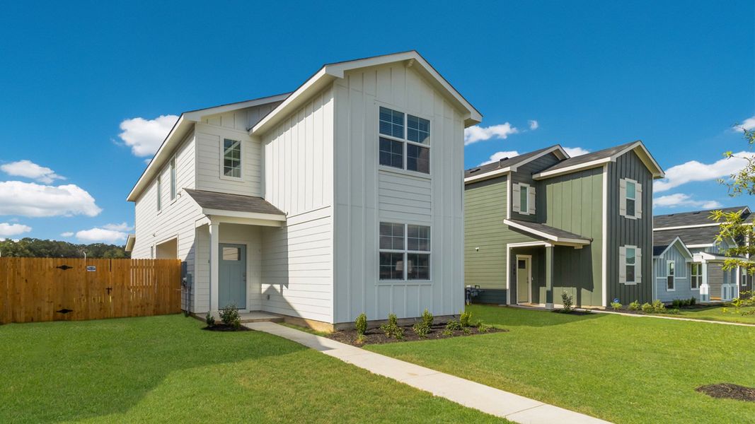 Front exterior of a new home in Valverde, Bastrop, TX, highlighting curb appeal (Image 2). Front exterior of a new home in Valverde, Bastrop, TX, highlighting curb appeal (Image 2).
