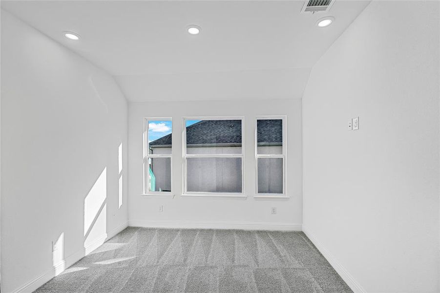 Carpeted spare room with lofted ceiling