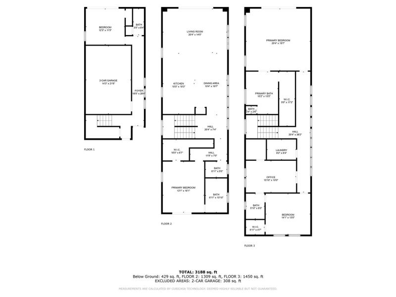 This three-story home features a two-car garage and a bedroom on the first floor. The second floor houses the primary living spaces, including a living room, kitchen, dining area, and a hall bath. The third floor includes the primary bedroom with an en-suite bath and walk-in closet, two additional bedrooms, another full bath, laundry room, and an office space. The total area is 3,188 square feet, with generous room sizes throughout. This three-story home features a two-car garage and a bedroom on the first floor. The second floor houses the primary living spaces, including a living room, kitchen, dining area, and a hall bath. The third floor includes the primary bedroom with an en-suite bath and walk-in closet, two additional bedrooms, another full bath, laundry room, and an office space. The total area is 3,188 square feet, with generous room sizes throughout.