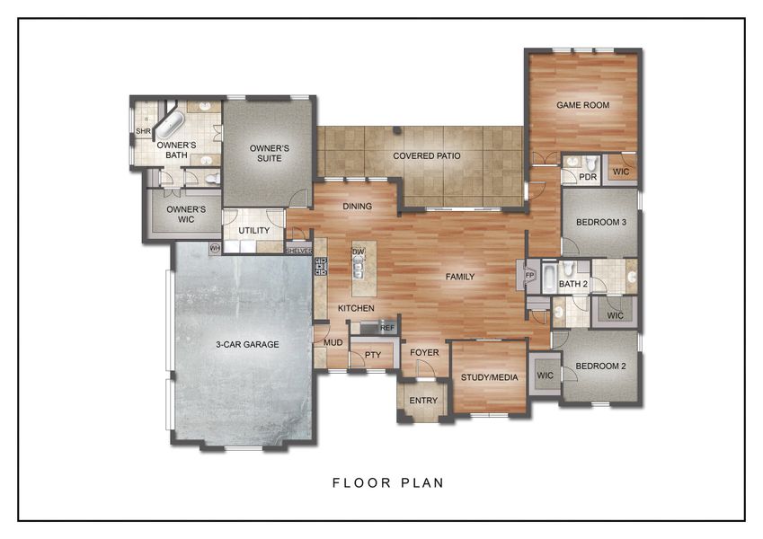 2D floor plan layout for the The Allen by Kenmark Homes in Cotten Creek, Azle, TX (Image 3). 2D floor plan layout for the The Allen by Kenmark Homes in Cotten Creek, Azle, TX (Image 3).