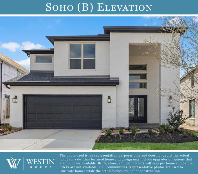 Front exterior of a new home in Grand Central Park - 45', Conroe, TX, highlighting curb appeal (Image 1).