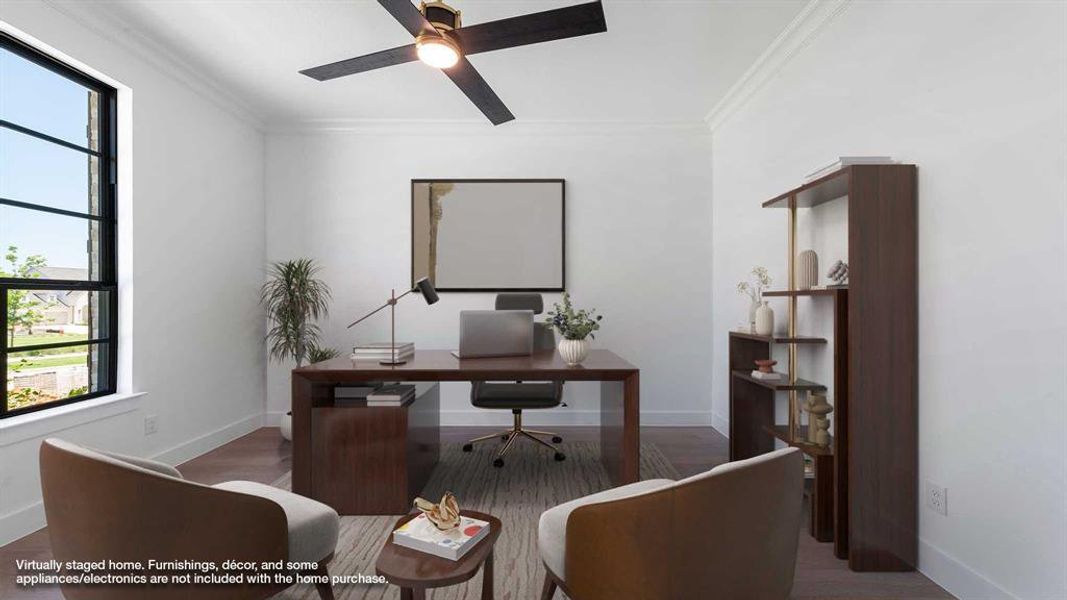Office space with healthy amount of natural light, crown molding, a ceiling fan, and wood finished floors