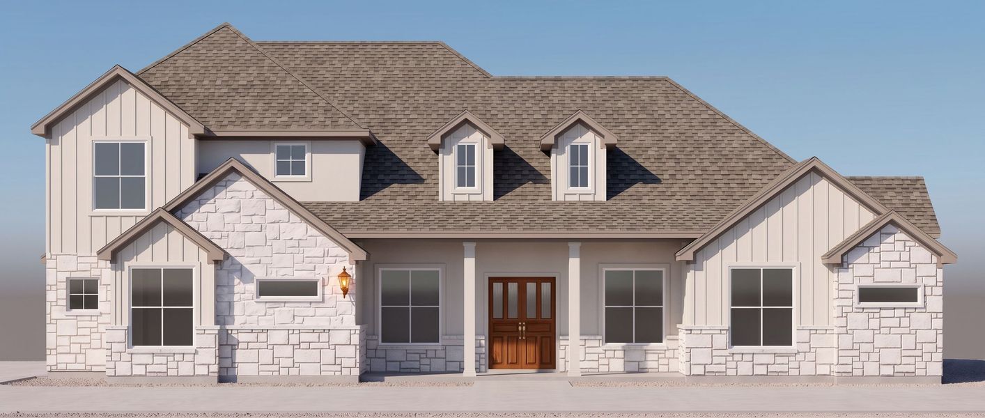 Front exterior of a new home in Leander Estates, Leander, TX, highlighting curb appeal (Image 1). Front exterior of a new home in Leander Estates, Leander, TX, highlighting curb appeal (Image 1).