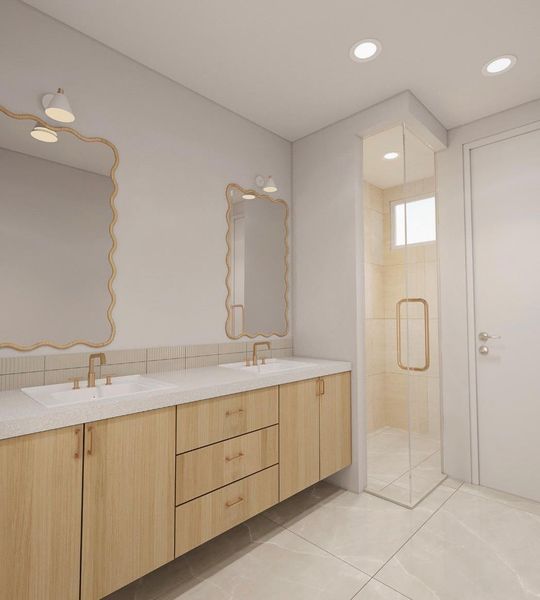 Bathroom with light tile patterned floors, a stall shower, double vanity, and recessed lighting