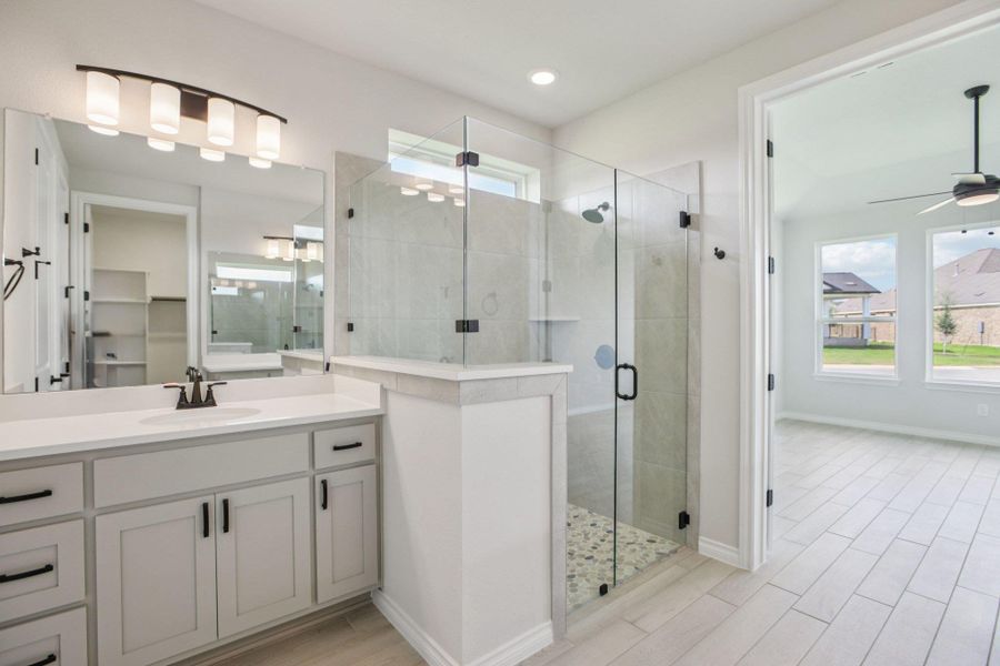 Bathroom featuring wood tiled floors, a stall shower, vanity, ceiling fan, and a walk in closet