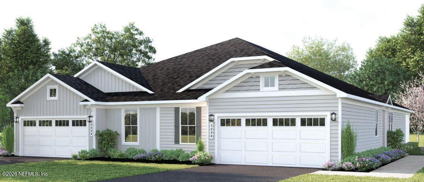 Front exterior of a new home in Seminole Palms Single-Family Homes, Palm Coast, FL, highlighting curb appeal (Image 1). Front exterior of a new home in Seminole Palms Single-Family Homes, Palm Coast, FL, highlighting curb appeal (Image 1).