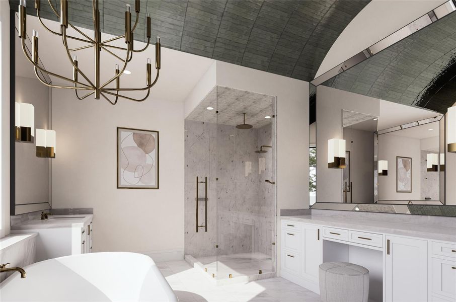 Natural stone surfaces and arched detailing give this bath a timeless sense of elegance. A glass-enclosed shower anchors the space, flanked by soft lighting and dual vanities. The curved ceiling introduces volume and visual interest, offering a spa-worthy experience in the privacy of home.