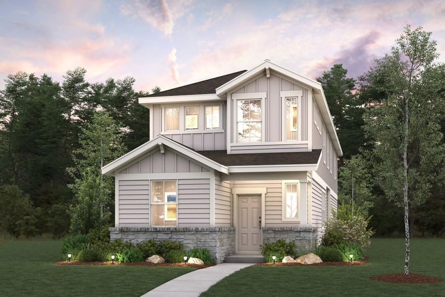 Front exterior of a new home in The Hollows at Avery Centre, Round Rock, TX, highlighting curb appeal (Image 1).