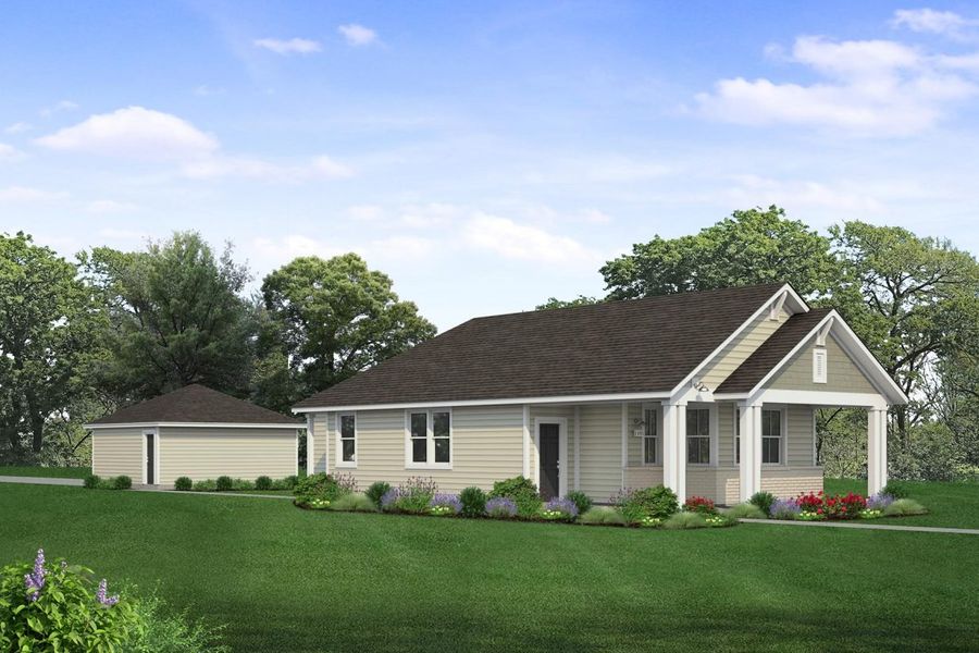 Rendering of one story two-tone green home with black door and light painted brick accents and detached garage with sky and landscaping Rendering of one story two-tone green home with black door and light painted brick accents and detached garage with sky and landscaping