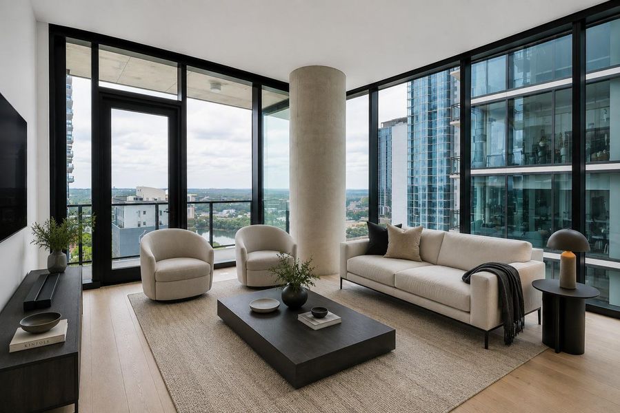 Images shown are virtually staged. Floor-to-ceiling windows fill this modern living space with abundant natural light. Images shown are virtually staged. Floor-to-ceiling windows fill this modern living space with abundant natural light.