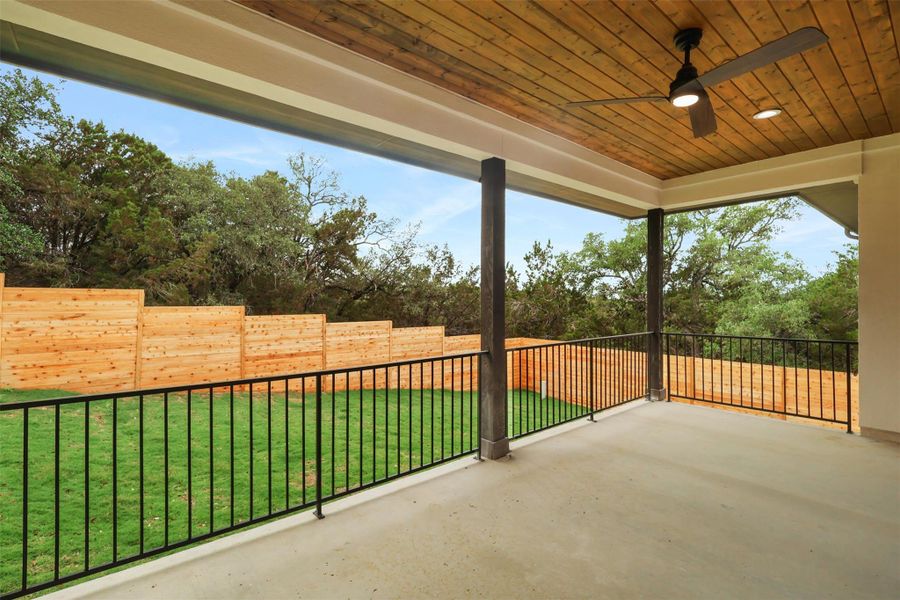 View of patio / terrace featuring ceiling fan and a fenced backyard View of patio / terrace featuring ceiling fan and a fenced backyard