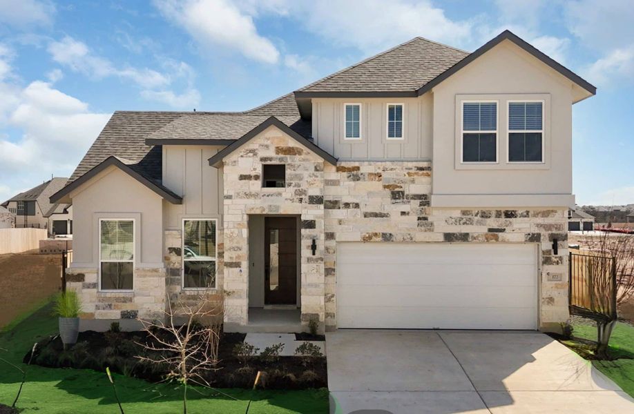 Representative exterior photo of a completed home built from the Grace by Chesmar Homes in Parkside on the River, Georgetown, TX (Image 1). Representative exterior photo of a completed home built from the Grace by Chesmar Homes in Parkside on the River, Georgetown, TX (Image 1).