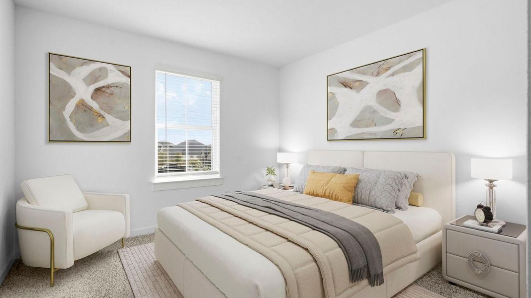 A vibrant bedroom showcasing a neatly made bed, a stylish dresser, and a playful painting that adds charm. A vibrant bedroom showcasing a neatly made bed, a stylish dresser, and a playful painting that adds charm.