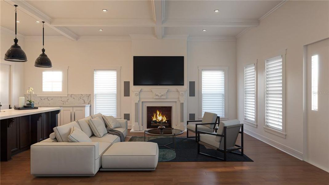 Living Room with Marble gas firepllace and hydralic TV