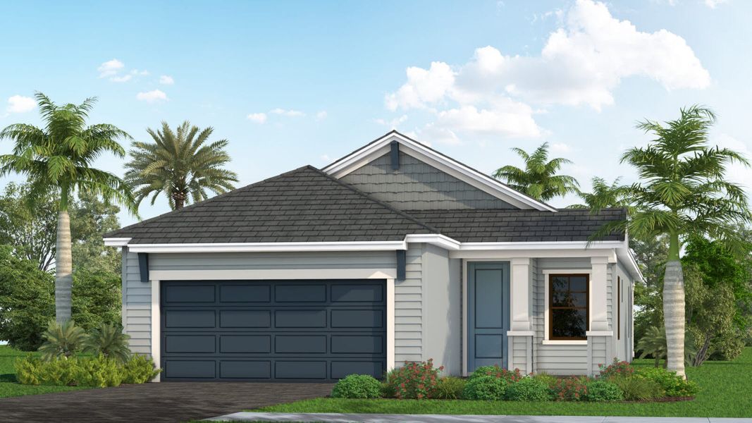Front exterior of a new home in Palm Grove, Lakewood Ranch, FL, highlighting curb appeal (Image 1). Front exterior of a new home in Palm Grove, Lakewood Ranch, FL, highlighting curb appeal (Image 1).