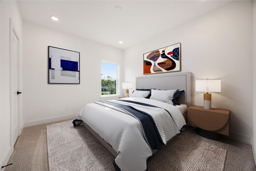 This secondary bedroom combines comfort and style, featuring plush carpeting, neutral paint, recessed lighting, a large window, and a spacious closet. *Virtually Staged