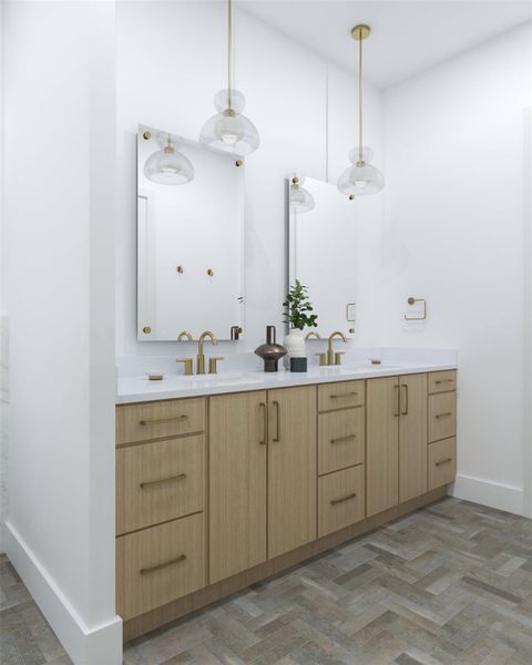 Bathroom with vanity and parquet flooring