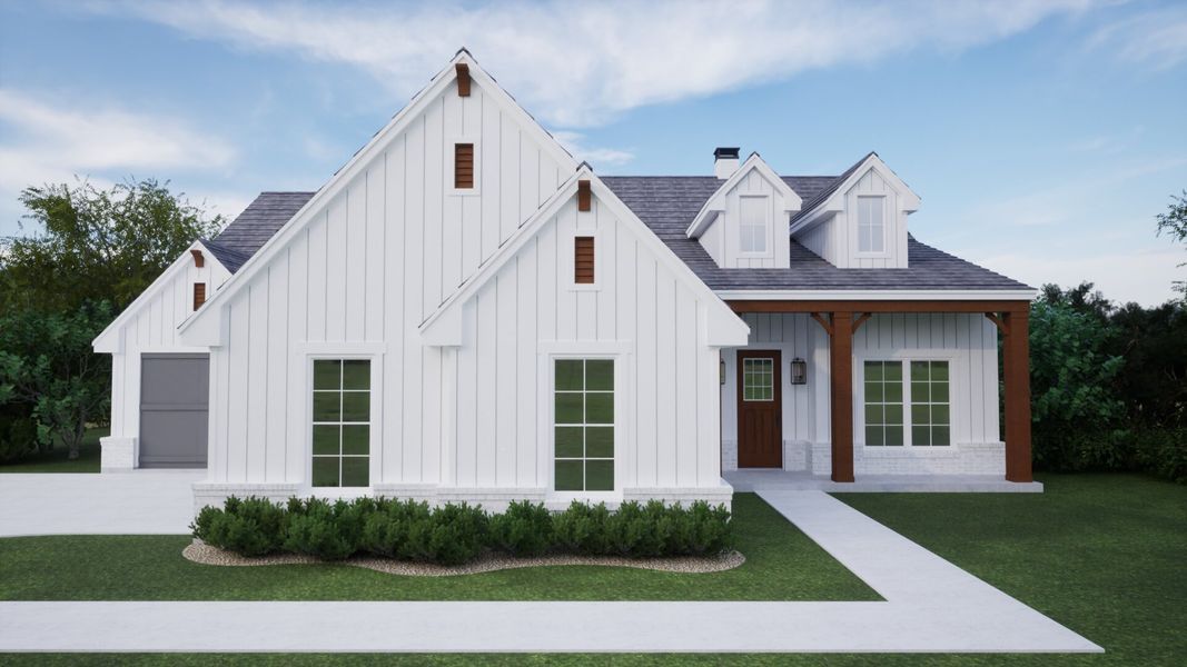 Representative exterior photo of a completed home built from the The McAllen by Kenmark Homes in Coyote Crossing, Godley, TX (Image 2). Representative exterior photo of a completed home built from the The McAllen by Kenmark Homes in Coyote Crossing, Godley, TX (Image 2).