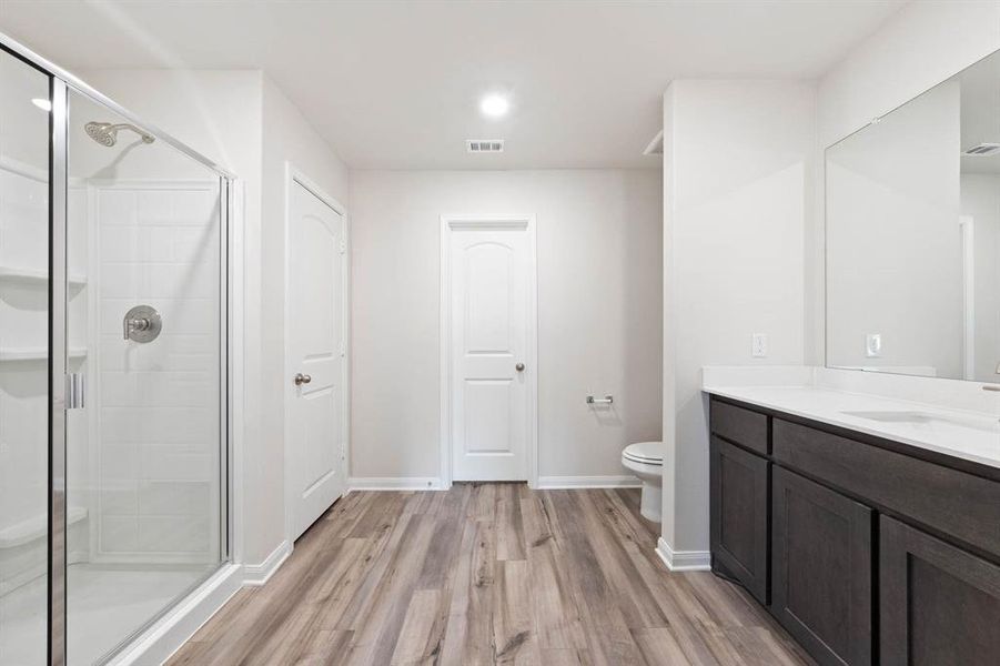 Bathroom with vanity, wood-type flooring, a shower with shower door, and toilet