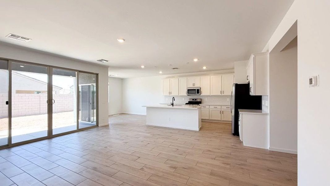 Great room, kitchen and dining