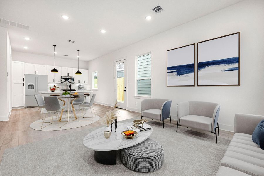 Step into modern elegance with this open-concept living space, where sleek design meets effortless comfort. The bright, airy interior is enhanced by recessed lighting, large windows, and a seamless flow between the kitchen, dining, and living areas. The gourmet kitchen boasts crisp white cabinetry, quartz countertops, stainless steel appliances, and a spacious island—perfect for entertaining. Step into modern elegance with this open-concept living space, where sleek design meets effortless comfort. The bright, airy interior is enhanced by recessed lighting, large windows, and a seamless flow between the kitchen, dining, and living areas. The gourmet kitchen boasts crisp white cabinetry, quartz countertops, stainless steel appliances, and a spacious island—perfect for entertaining.