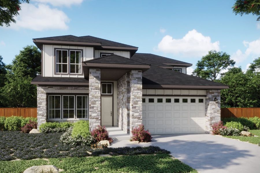 Representative exterior photo of a completed home built from the Summit by Milestone Community Builders in Persimmon, Buda, TX (Image 3). Representative exterior photo of a completed home built from the Summit by Milestone Community Builders in Persimmon, Buda, TX (Image 3).