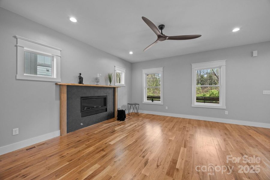 Linear gas fireplace in living area