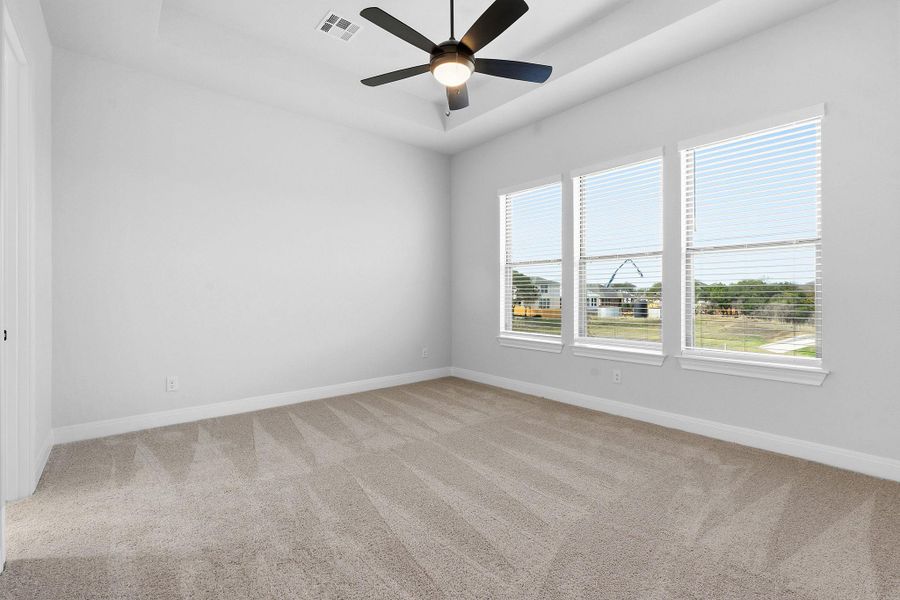 Spare room with a raised ceiling, light colored carpet, and ceiling fan