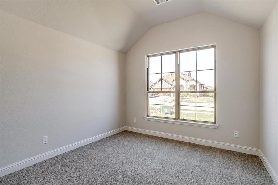 Spare room featuring lofted ceiling and carpet flooring