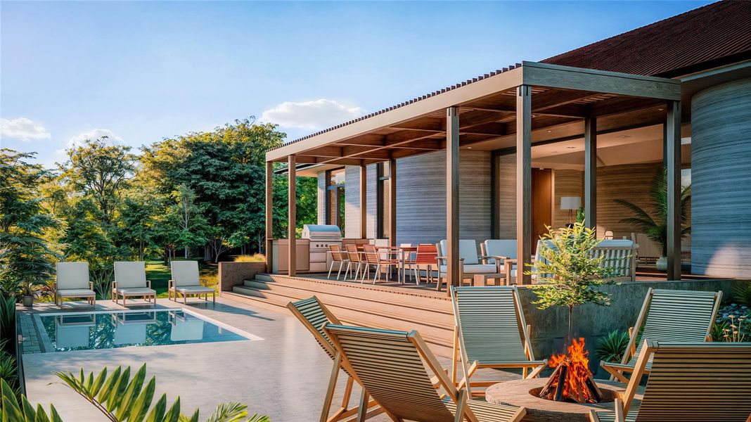 Rendering** Swimming pool featuring outdoor dining area, a patio area, a deck, and an outdoor kitchen (Future build)