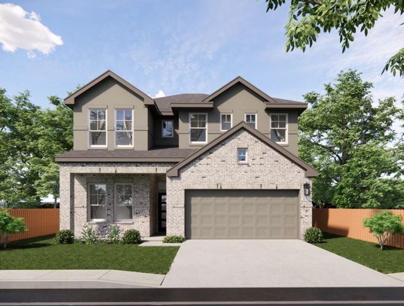 Front exterior of a new home in Deerbrooke Cottages, Leander, TX, highlighting curb appeal (Image 1). Front exterior of a new home in Deerbrooke Cottages, Leander, TX, highlighting curb appeal (Image 1).