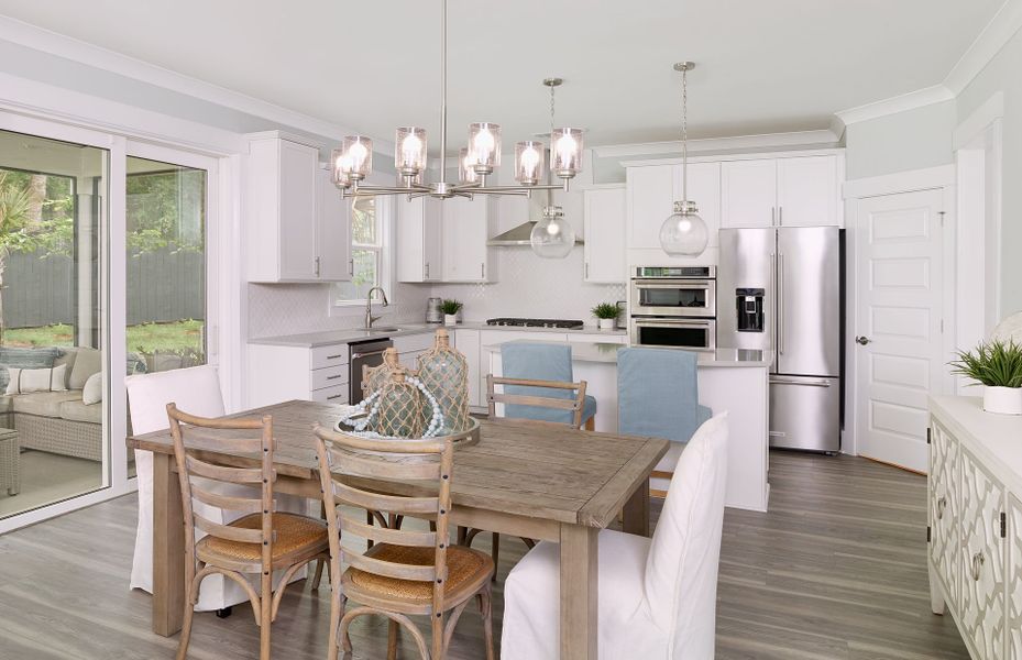 Spacious and inviting Dining Area with elegant engineered wood flooring Spacious and inviting Dining Area with elegant engineered wood flooring