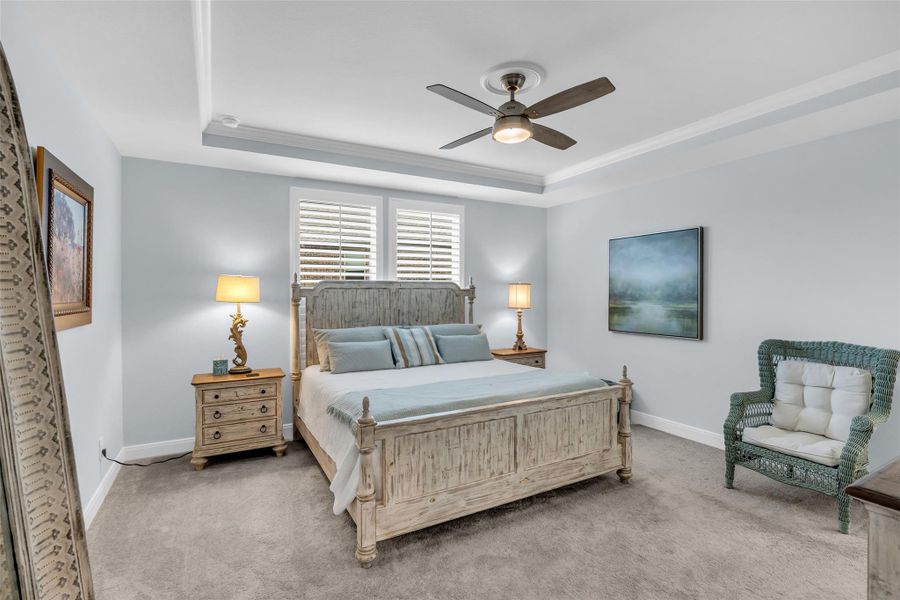 Primary bedroom with tray ceiling has ample room for large furniture. Primary bedroom with tray ceiling has ample room for large furniture.