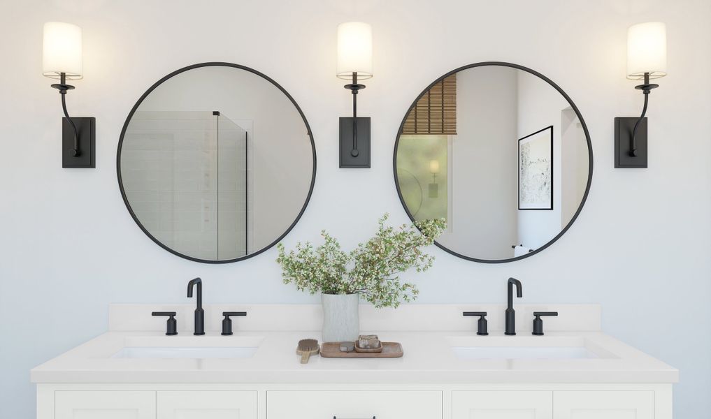 Primary bath with dual sinks and black matte fixtures