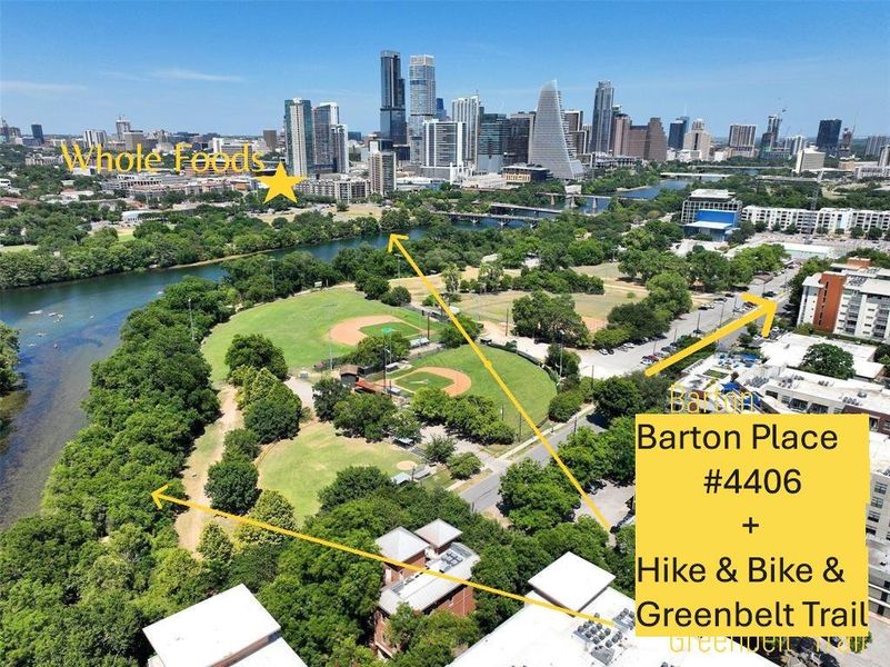 Barton Place's 'front yard' with easy walking access to Barton Springs, Ladybird Lake, Hike & Bike Trail, Butler Fields & Outdoor Gym, etc. 5 minute walk across the Pedestrian Bridge across Ladybird Lake to downtown is faster than driving (and parking).