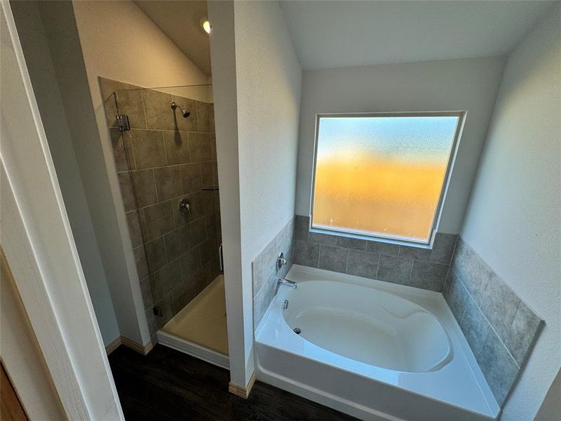 Full bath with a garden tub, dark wood-style floors, and a stall shower