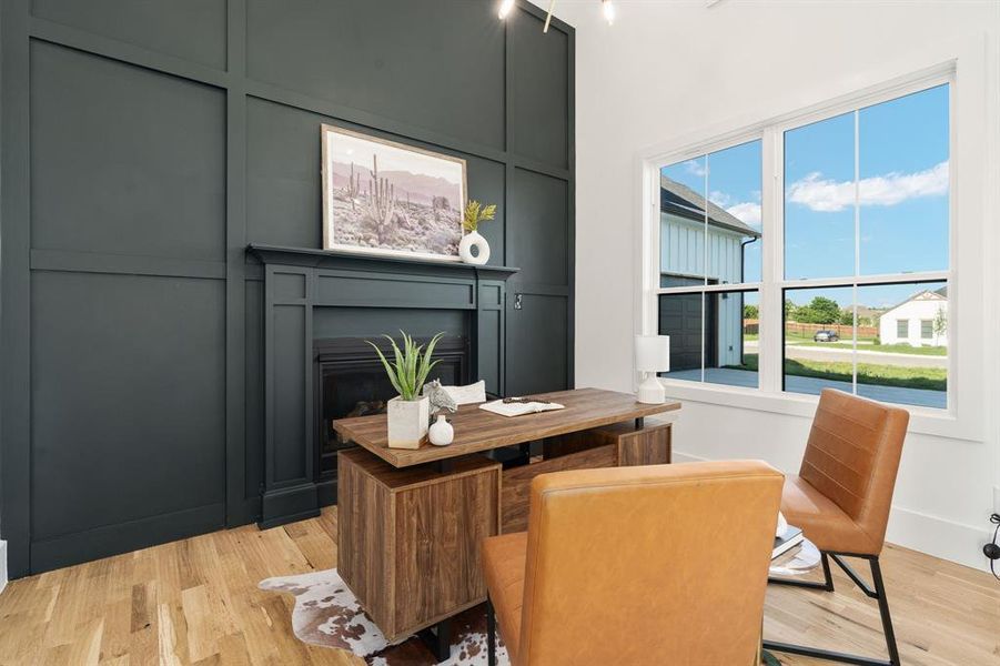 Paneled accent wall - vaulted ceiling - a fireplace - pretty fantastic views...